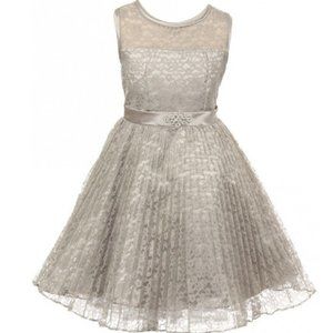 Big Girls Lace Overlaid Rhinestones Junior Bridesmaid Flower Girl Dress  Silver